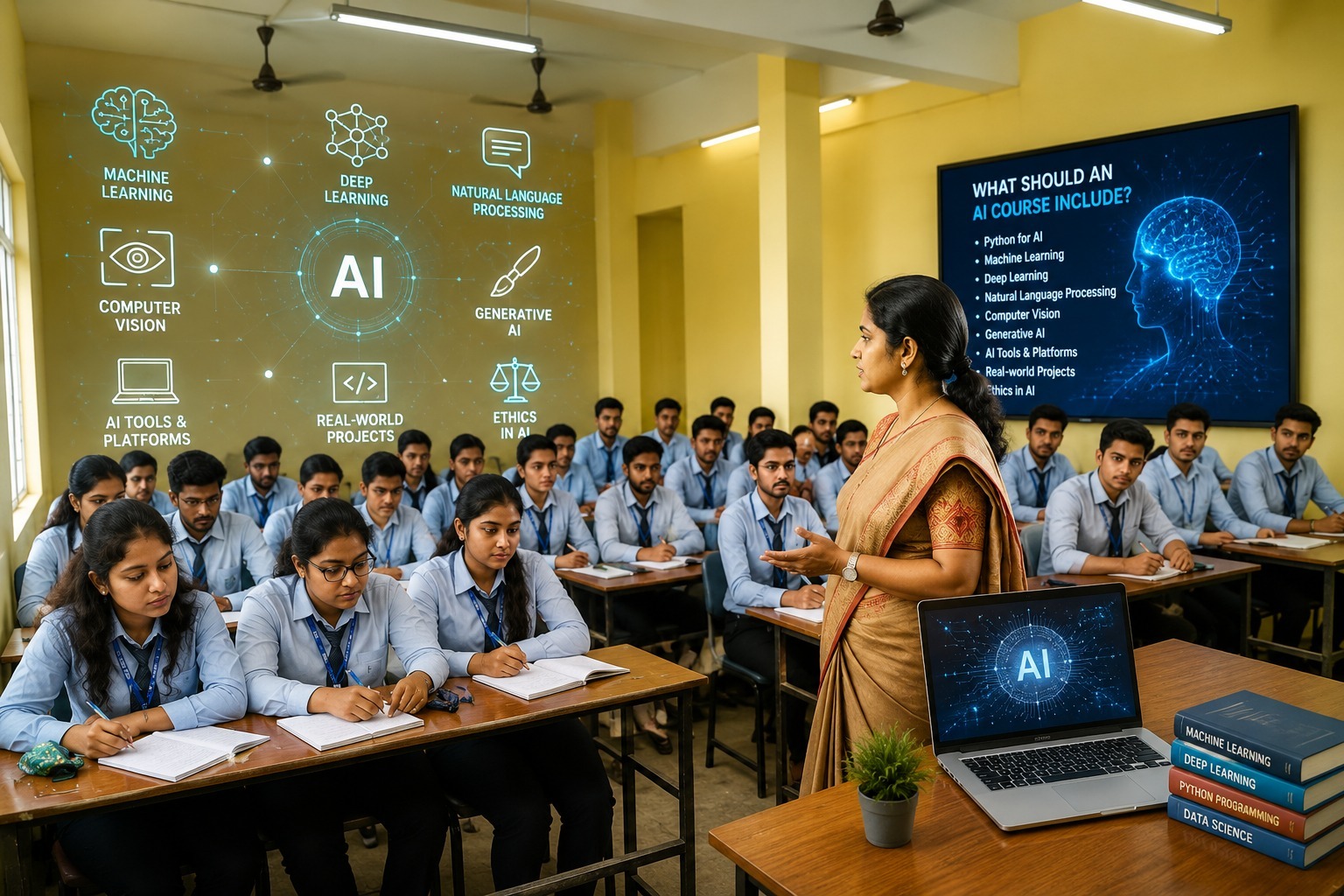 Indian students attending an AI training class in Pondicherry